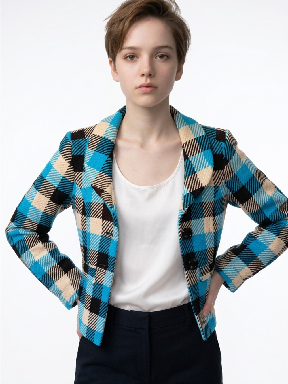 H&M Blue Black Cream Plaid Tailored Blazer